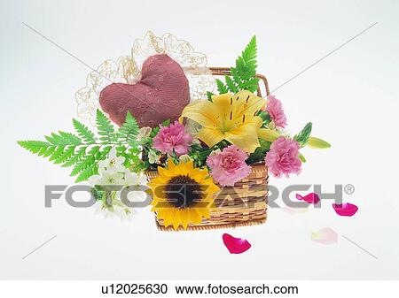 Stock Image - carnation, basket, heart shaped, love, barboo article, flower, leaf. Fotosearch