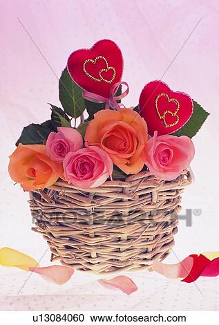 Stock Image - pink, petal, baboo article, rose, love, red, basket. Fotosearch