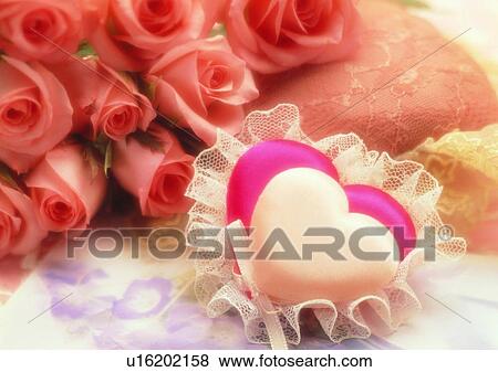 Stock Photo - rose, heart shaped, white, pink, ribbon, love. Fotosearch