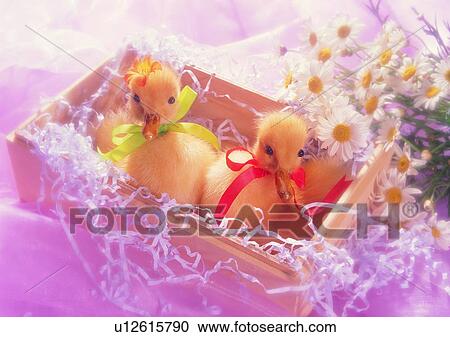 Stock Image - wooden, duck, ribbon, red, green. Fotosearch