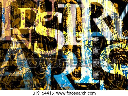 Stock Photography - Alphabets superimposed on a blue and gold pattern. Fotosearch