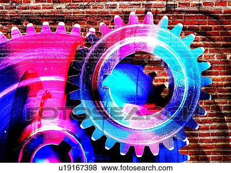 Stock Photo - Gear wheels superimposed on a brick wall. Fotosearch