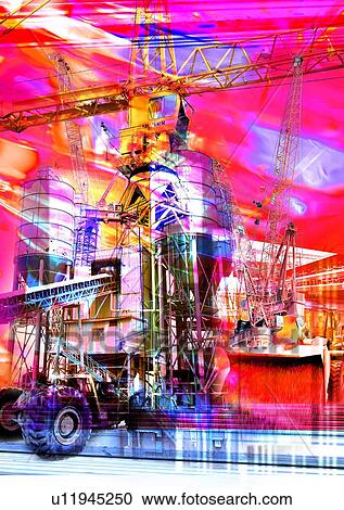 Stock Image - Red pattern superimposed on a industrial crane. Fotosearch