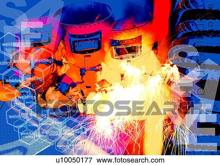 Two welders superimposed on a background of text View Large Photo Image Stock Photo - Two welders superimposed on a background of text. Fotosearch