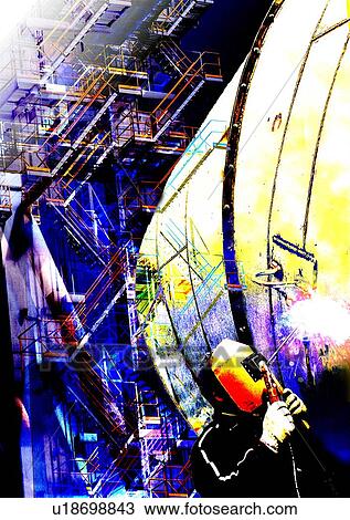 Welder superimposed on an industrial installation View Large Photo Image Stock Image - Welder superimposed on an industrial installation. Fotosearch
