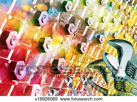 Stock Photo - Wrenches and rivets superimposed on a glowing background. Fotosearch