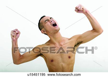 Stock Photography - One Person, Expressions, White Background, Indoor, Fist. Fotosearch