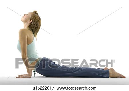 Young woman lying in cobra pose View Large Photo Image Stock Photo - Young woman lying in cobra pose. Fotosearch