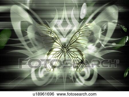 Stock Photograph - Butterfly superimposed on a green striped pattern. Fotosearch
