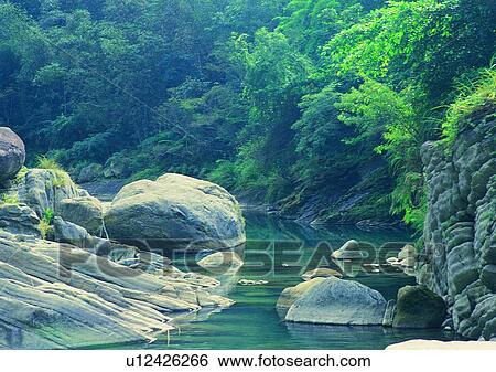 Stock Photograph - nature, mountain, rock, sky, river, grass. Fotosearch