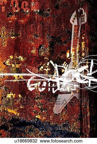 Stock Image - Close-up of a guitar superimposed on a brown background. Fotosearch