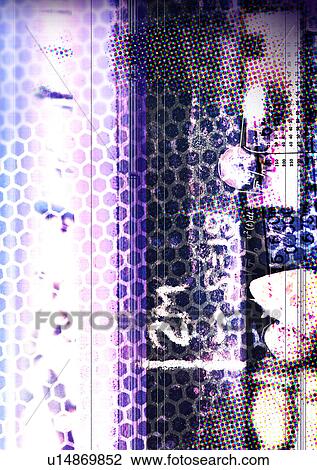 Stock Image - Close-up of a honeycomb superimposed on a dark background. Fotosearch