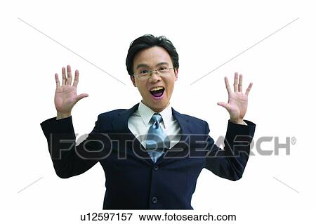 Stock Photo - Cheerful, Asian Ethnicity, Businessman, Business Suit, Black Hair, Arms Raised. Fotosearch