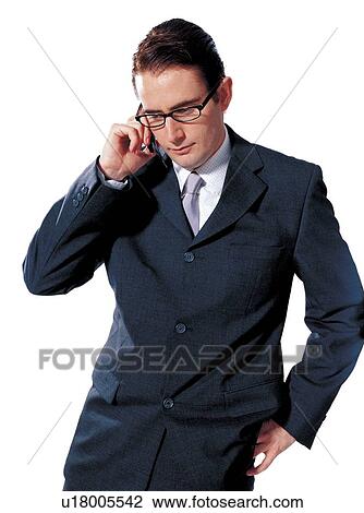 Stock Image - mobile phone, occupation, half length, eye glasses, human cutouts, waist up, one person. Fotosearch