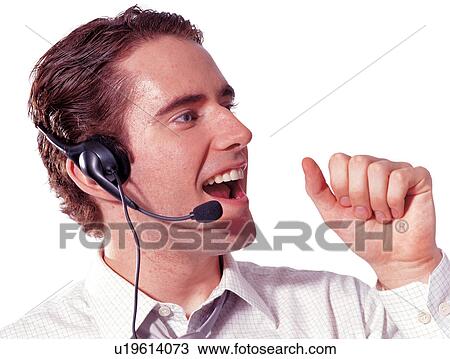 Stock Image - professional, headset, one person, emotion, indoor, human cutouts. Fotosearch