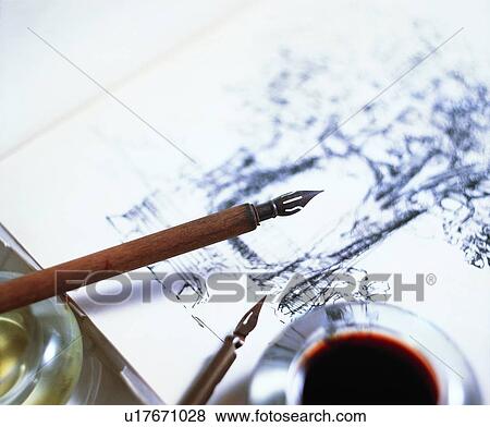 Stock Photo - stationery, pen, ink, draft, paper. Fotosearch