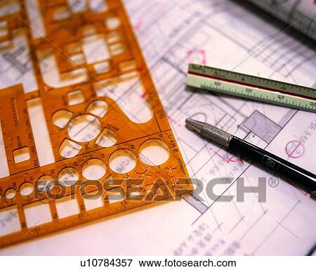 Stock Photo - stationery, pen, ruler, drawing. Fotosearch