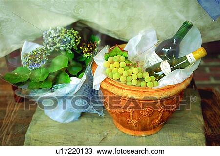 Stock Image - jar, fruit, wine bottle, label, grape, decoration. Fotosearch