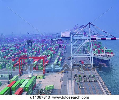 Stock Image - Cargo Container, Commercial Dock, Business, Panorama & Business & Industry, Aerial View. Fotosearch