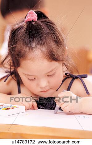 Stock Image - culture, art work, pursing, children, coloring, ponytail, color sticks. Fotosearch