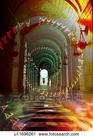 Stock Image - Arched corridor superimposed on a multi colored background. Fotosearch