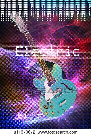 Stock Image - Close-up of a guitar superimposed on a digital pattern. Fotosearch