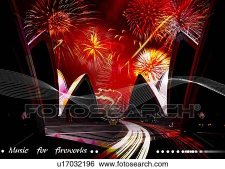 Stock Photograph - Close-up of fireworks superimposed on a black background. Fotosearch