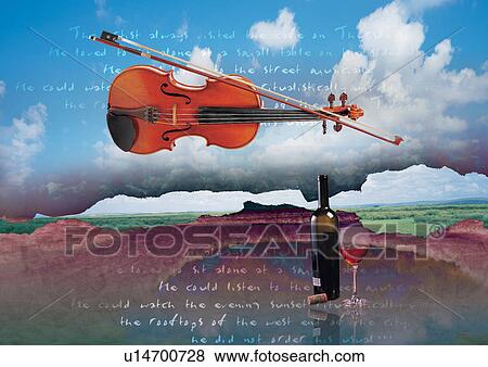 Stock Photo - Violin and wine superimposed on a scenic background. Fotosearch
