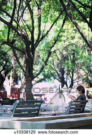 Stock Photo - city, rush, bench, transportation, sitting, reading, park. Fotosearch