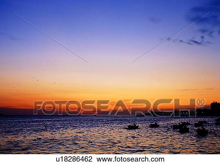 Stock Image - cloud, scenery, ship, coast, sea, sunset. Fotosearch