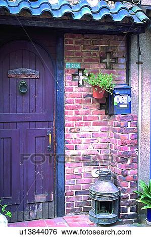 Stock Photograph - building, wall, scenery, knocker, potting, lamp, brick. Fotosearch