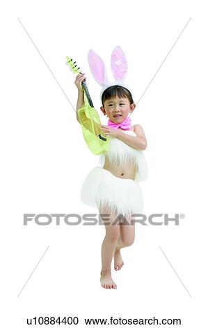 Stock Image - Baby Rabbit, Animal Imitation, Chinese Ethnicity, Costume, Musical Instrument. Fotosearch