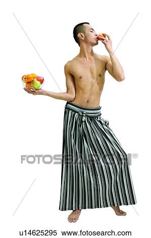 Stock Photography - Eating, Traditional Clothing, Bare Chest, Striped, Black Hair. Fotosearch