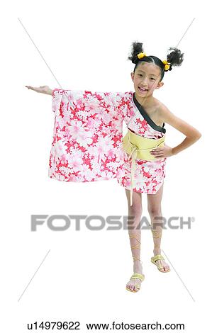 Stock Image - Enjoyment, Childhood, Portrait, Kimono, Hairband, Chinese Ethnicity, Asian Ethnicity. Fotosearch