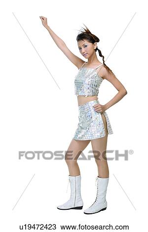 Stock Image - Hand Raised, Style People, White Background, Portrait, Asian Ethnicity, Smiling. Fotosearch