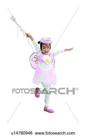 Stock Photograph - Tiara, Animal Imitation, Holding, Chinese Ethnicity, Angel, Innocence, Standing On One Leg. Fotosearch