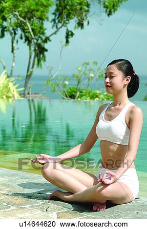 Stock Image - Barefoot, Eastern, Black Hair, Beauty, Asian Ethnicity. Fotosearch