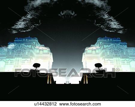 Stock Image - Commercial Building, Structure, Symmetry Cloud, Symmetry, Illuminated. Fotosearch