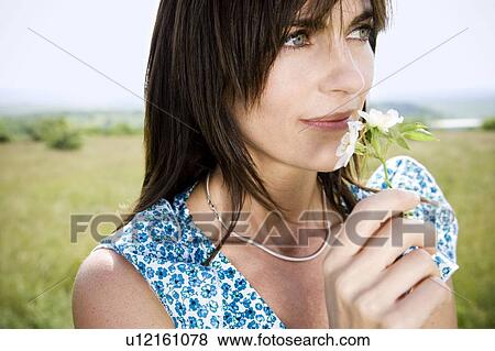 Woman holding flower View Large Photo Image Stock Photo - Woman holding flower. Fotosearch