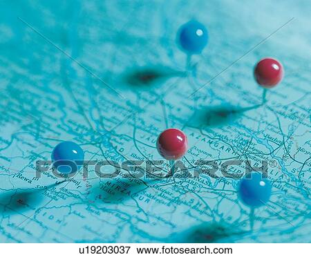 Stock Photo - Team Work, Thumbtack, Blue, Full Frame, Planning. Fotosearch