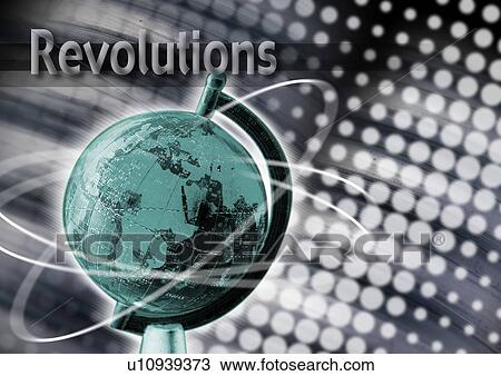 Stock Image - Close-up of a globe superimposed on a dotted background. Fotosearch