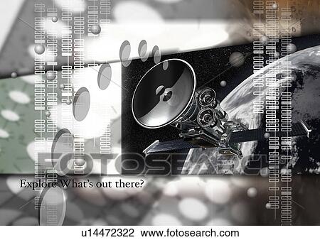 Stock Image - Close-up of a satellite superimposed on an image of space. Fotosearch