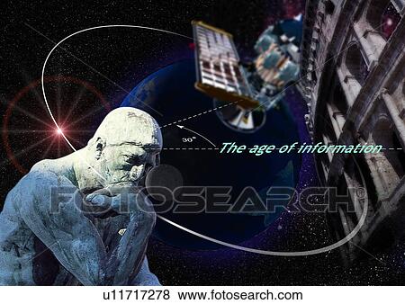 Stock Photo - Close-up of the Thinker superimposed on a background of the sky. Fotosearch