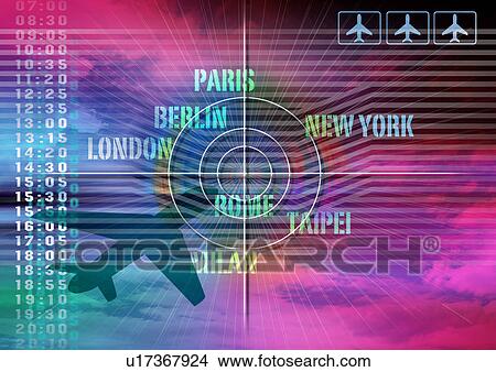 Names of cities superimposed on the silhouette of an airplane View Large Photo Image Picture - Names of cities superimposed on the silhouette of an airplane. Fotosearch