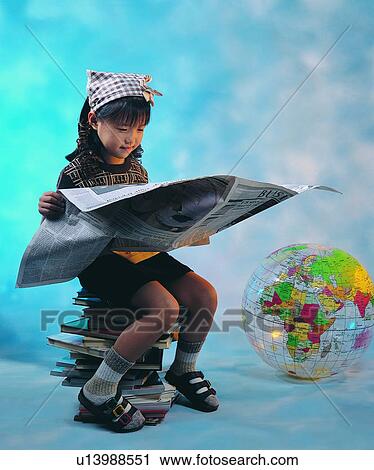 child, girl, scarf, books, newspaper, globe View Large Photo Image Stock Image - child, girl, scarf, books, newspaper, globe. Fotosearch