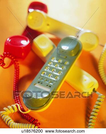 Stock Image - telephone, microphone, wire, send, receive, light. Fotosearch