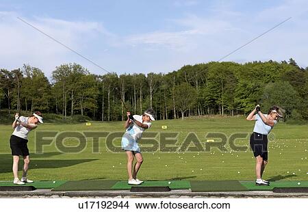 Three ladies at driving range View Large Photo Image Picture - Three ladies at driving range. Fotosearch