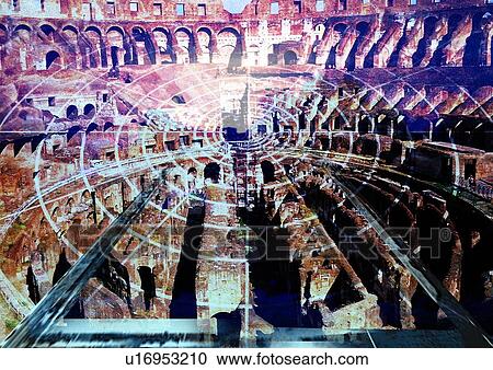 Stock Image - Concentric circles superimposed on an ancient building structure. Fotosearch