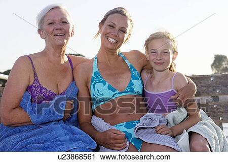 Stock Image - 3 generations with towels. Fotosearch