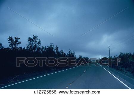 Stock Photograph -  a Country Road Surrounded By Several Trees Under a Grey Sky, Front View. Fotosearch